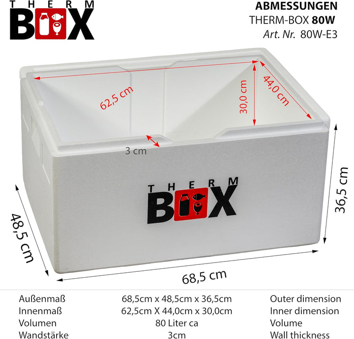 THERM BOX 80W Gärbox Styroporbox 80 Liter Innen 62,5x44x30cm Wandstärke 3cm Thermobox Isolierbox Küh