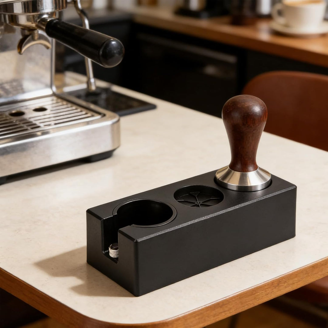 Tamperstation 51–58 mm Schwarz, Höhenverstellbare Espresso Tamping Station aus ABS, Siebträger Zubeh
