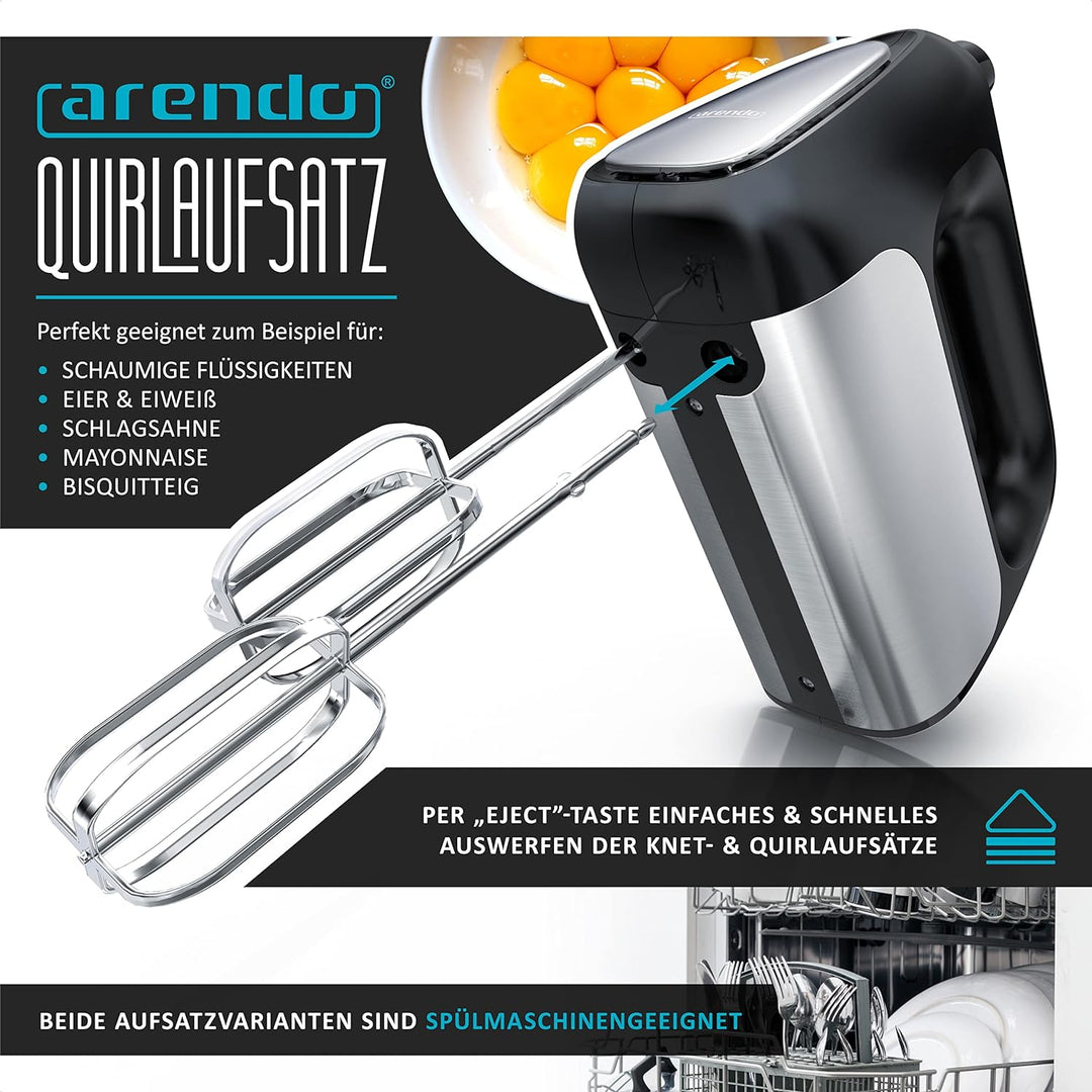 Arendo - Elektrischer Handmixer Handrührer 500 W - inkl. 2 Rührbesen und 2 Knethaken aus Edelstahl –