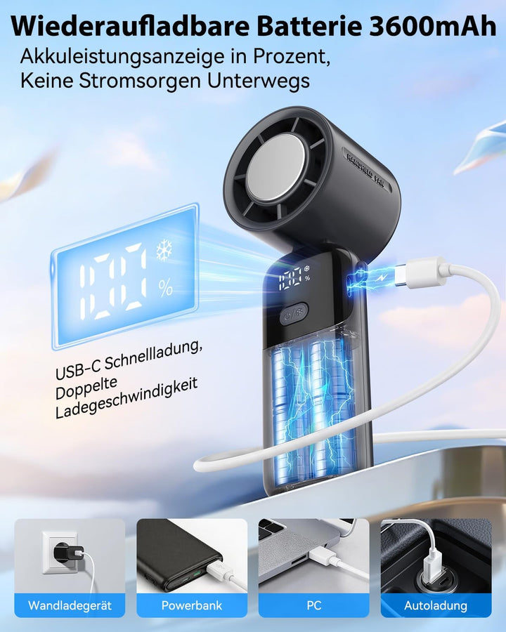 Timiyou Tragbarer Handventilator 3-in-1 mit Eiskühlung & Digitalanzeige | 100 Stufenlos Einstellbar,