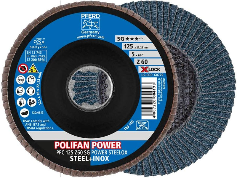 PFERD Fächerscheibe POLIFAN POWER, 10 Stück, 125mm, Z60, X-LOCK (22,23 mm), SG STEELOX, 67786126 – f