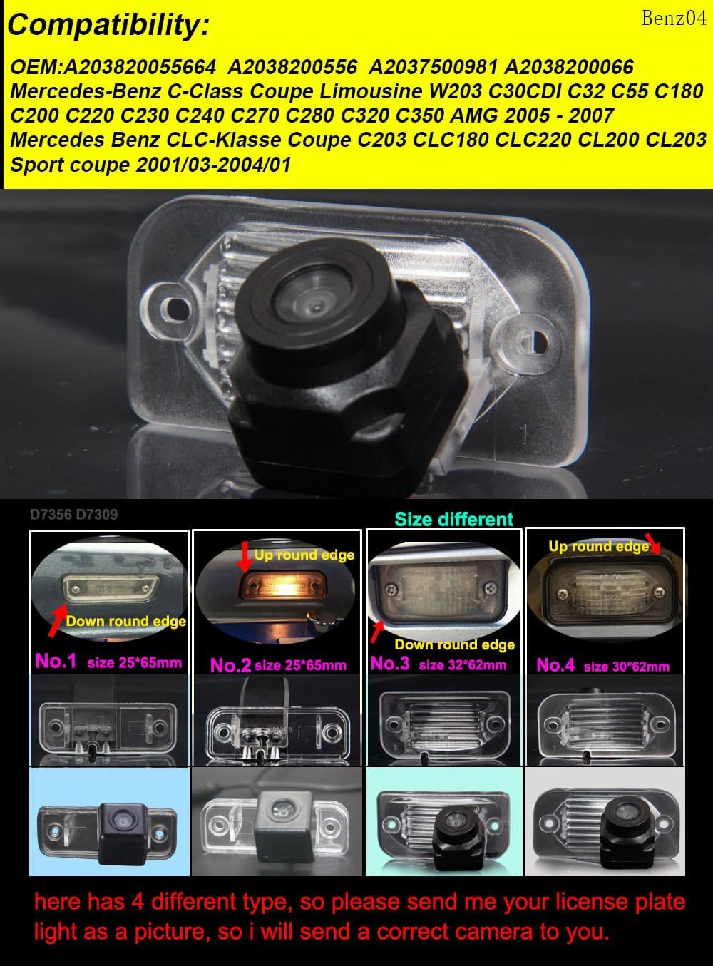 HD Nachtsicht Rückfahrkamera Ersatz für Mercedes Benz C-Class Coupe Limousine W203 C30CDI C32 C55 C1