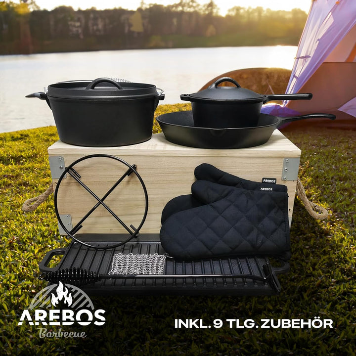 Arebos Dutch Oven Set 9-teilig | Gusseisen BBQ Set mit Grillplatte, Feuertopf, Pfanne, Deckelheber,