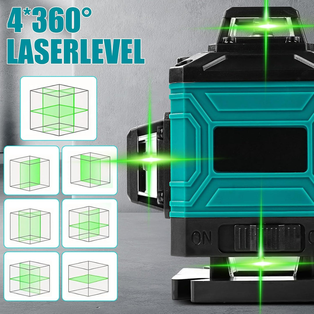 16 Linien Grüne Laser Wasserwaage mit Stativ 1,2M, 2 x 4800mAh Akkus & Ladegerät, 4D 360° Kreuzlinie