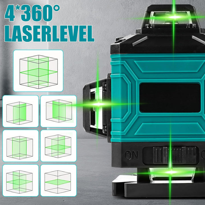 16 Linien Grüne Laser Wasserwaage mit Stativ 1,2M, 2 x 4800mAh Akkus & Ladegerät, 4D 360° Kreuzlinie