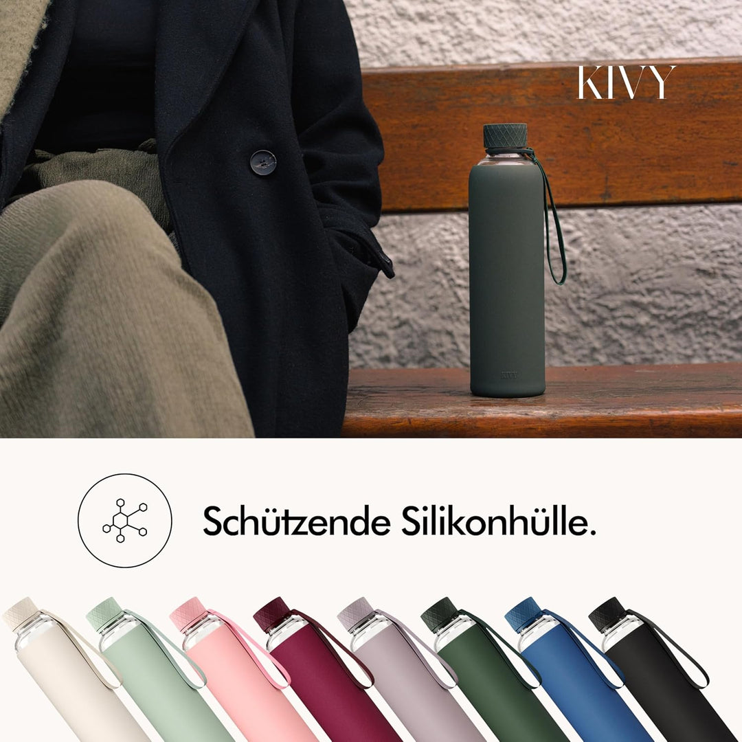 KIVY Glas Trinkflasche 1l mit Silikonschutz [KOHLENSÄURE GEEIGNET] Glasflasche 1 Liter - Wasserflasc