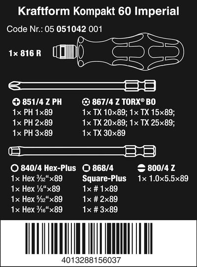 Wera 05051042001 Kraftform Kompakt 60, Handhalter mit Bit-Sortiment, Imperial, 17-teilig, Stück, Far