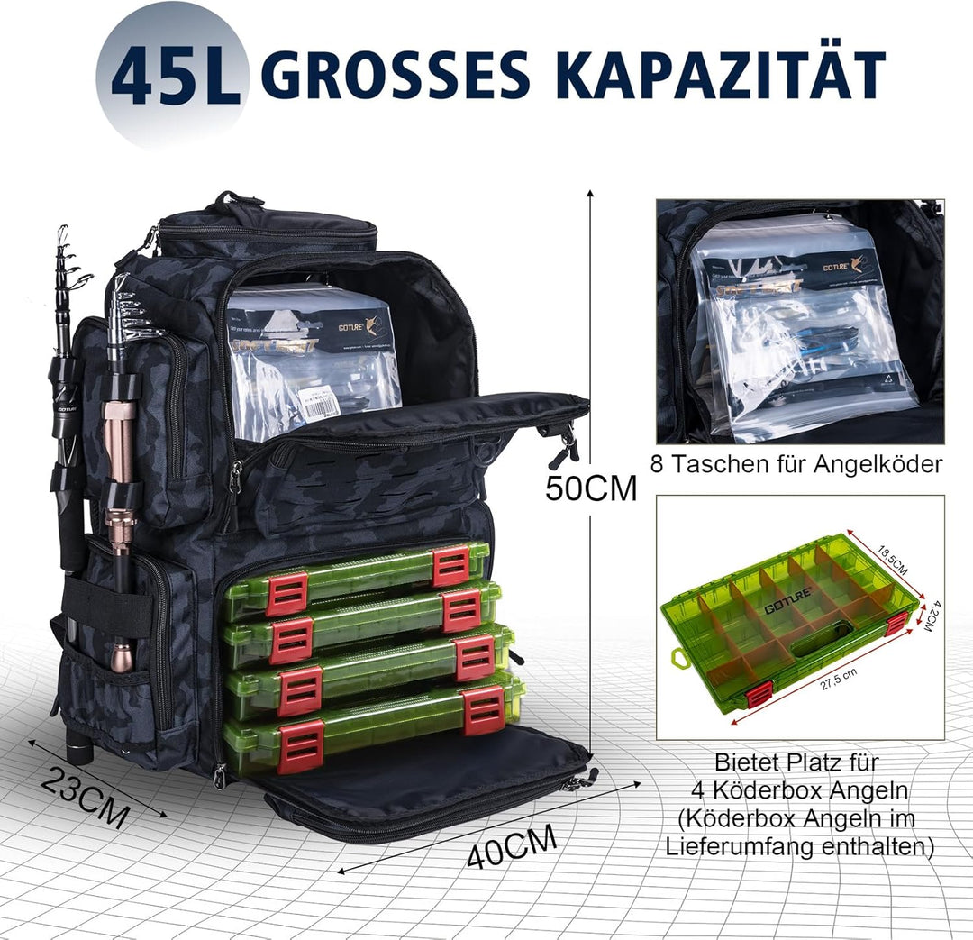Goture Angelrucksack mit 4 Köderbox Angeln, 45-Liter Angelzubehör-Rucksack mit Zwei Rutenhaltern und