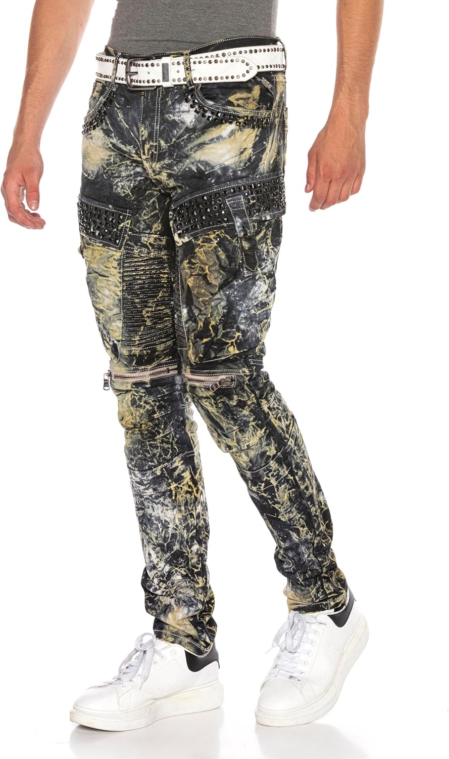 Cipo & Baxx Herren Biker Jeans Ripped-Destroyed-Frayed-Slim Fit Jeans Hose mit Nieten und Muster Kha