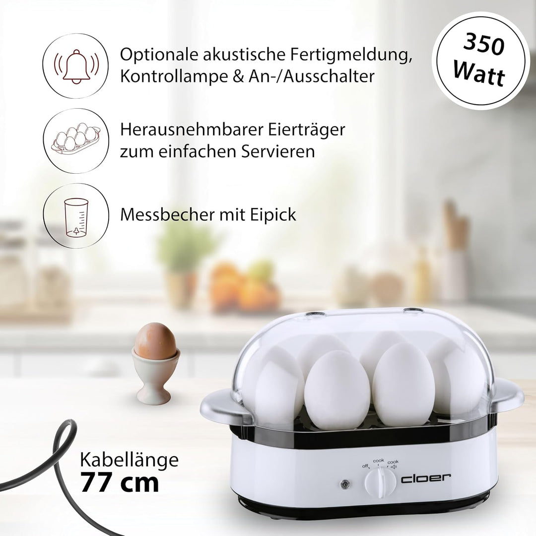 Cloer 6081 Eierkocher mit akustischer Fertigmeldung, Kunststoff, weiss