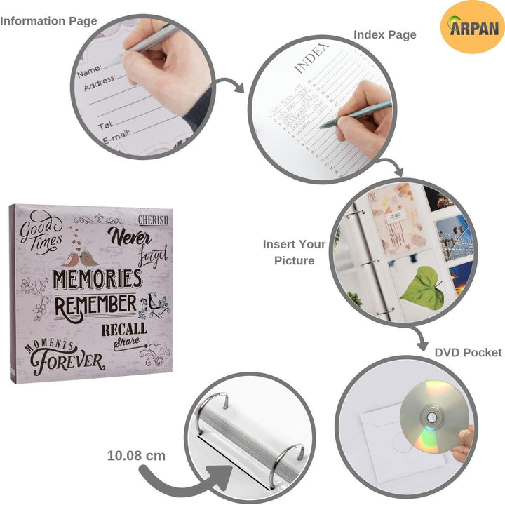 ARPAN Fotoalbum mit grossen Einstecktaschen, 3er-Ringbindung, Deckel im Slogan-Kunststil, für 500 Fo