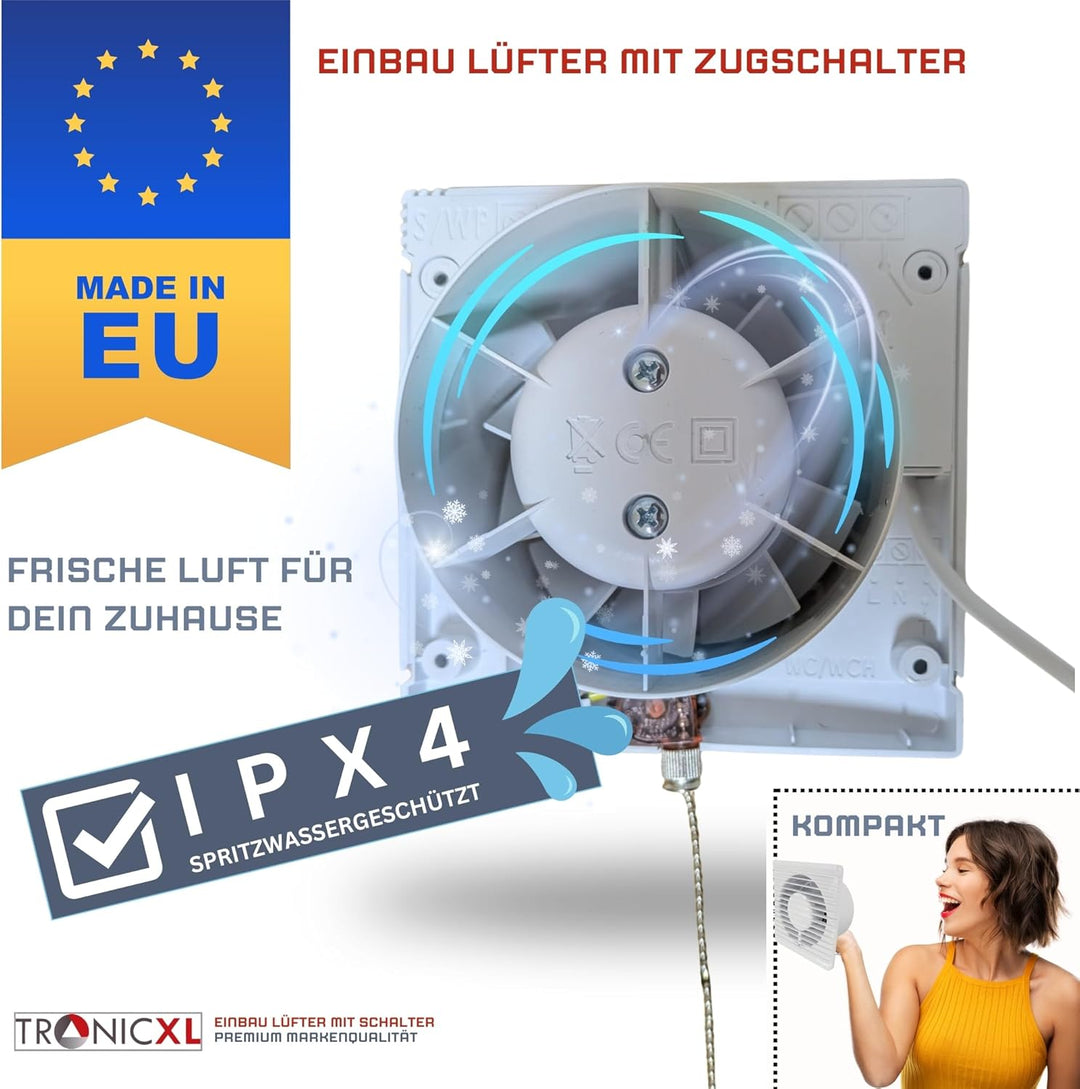 TronicXL 230V Badlüfter mit Kabel Schalter und Stecker IPX4 100mm Abluft/Zuluft Lüfter Ventilator mi