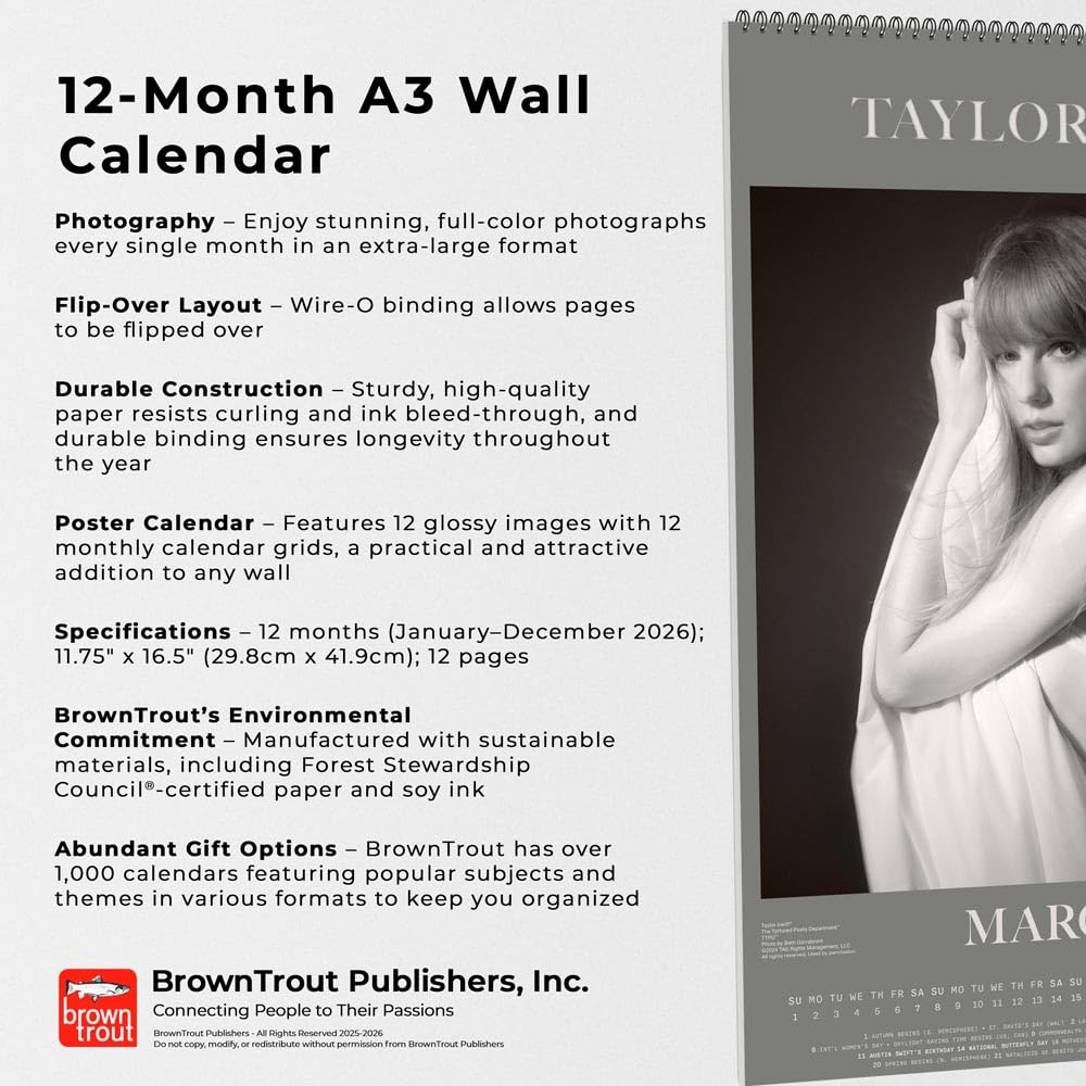 Taylor Swift OFFICIAL | 2026 11.7 x 16.5 Inch (Hanging) Monthly A3 Poster Wall Calendar, Kalender