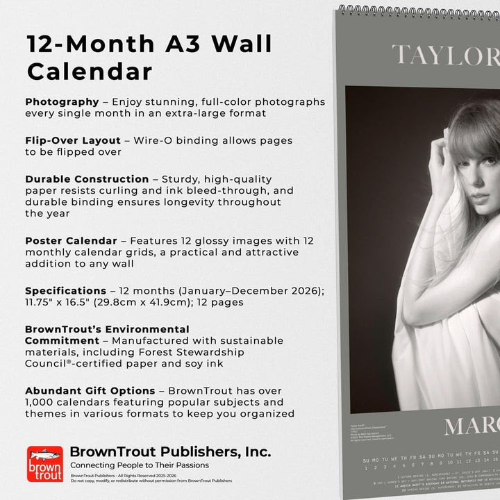 Taylor Swift OFFICIAL | 2026 11.7 x 16.5 Inch (Hanging) Monthly A3 Poster Wall Calendar, Kalender