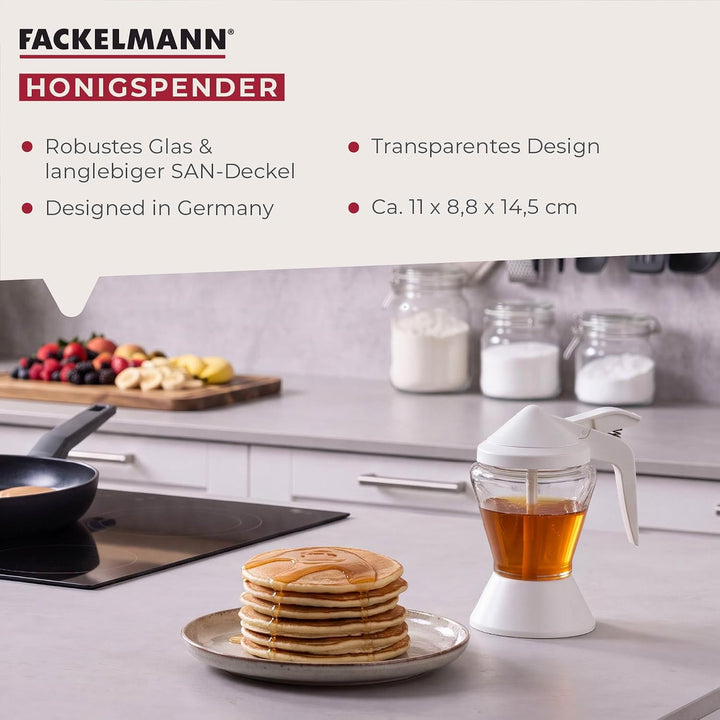 Fackelmann Honigspender, Honigtopf, Sirupbehälter zum Servieren von Honig und Sirup (Farbe: Weiss),