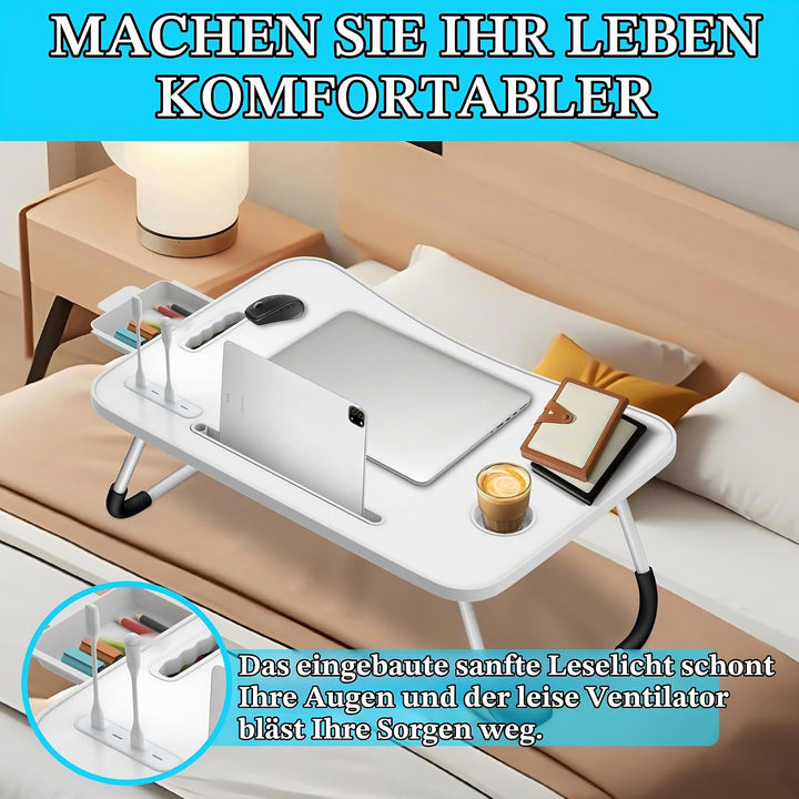 Soontrans Laptoptisch, 60 x 40 x 28 cm, Laptop Tisch mit Schublade, Getränkehalter, Kleiner Ventilat