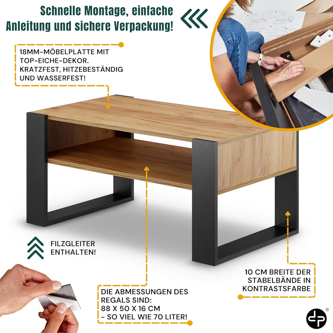 defiPad® Grosser Couchtisch mit Stauraum | Modern Wohnzimmertisch Eiche | 92CM Breite Kaffeetisch |