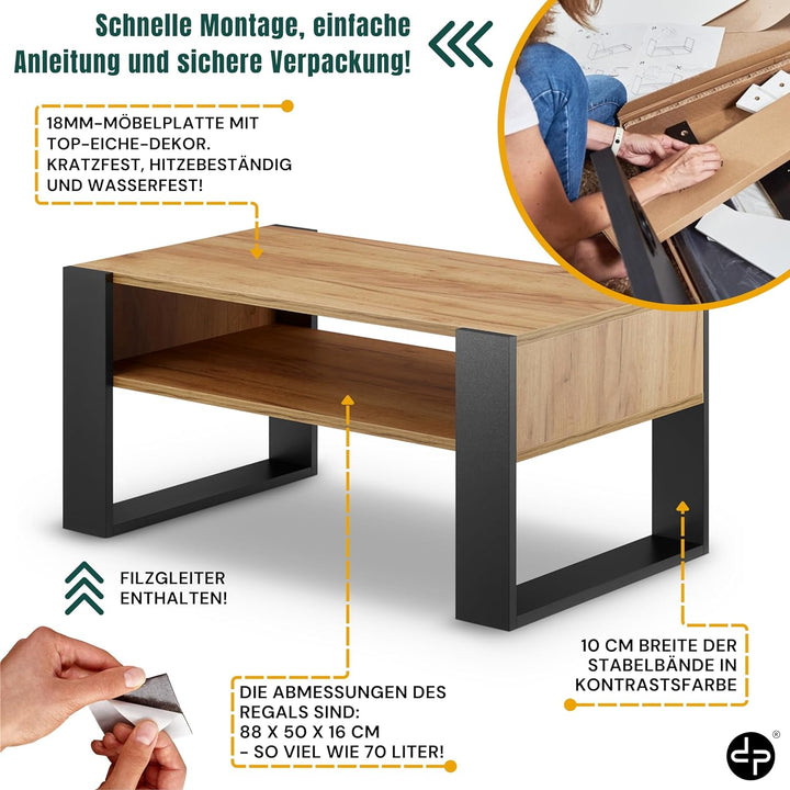 defiPad® Grosser Couchtisch mit Stauraum | Modern Wohnzimmertisch Eiche | 92CM Breite Kaffeetisch |