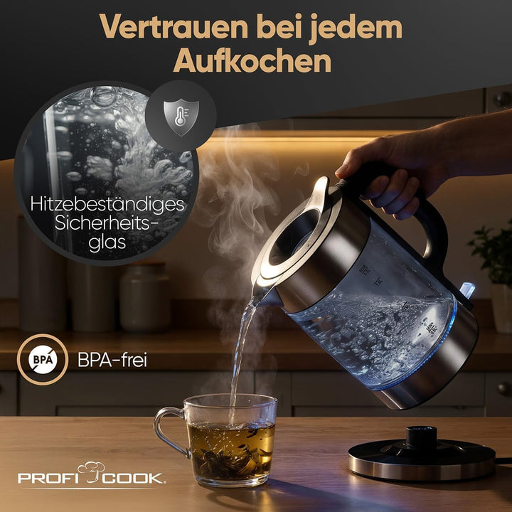 ProfiCook® Wasserkocher Glas | 1,7L | 2200W | beleuchtet | BPA frei | Einhandbedienung | 360° drehba