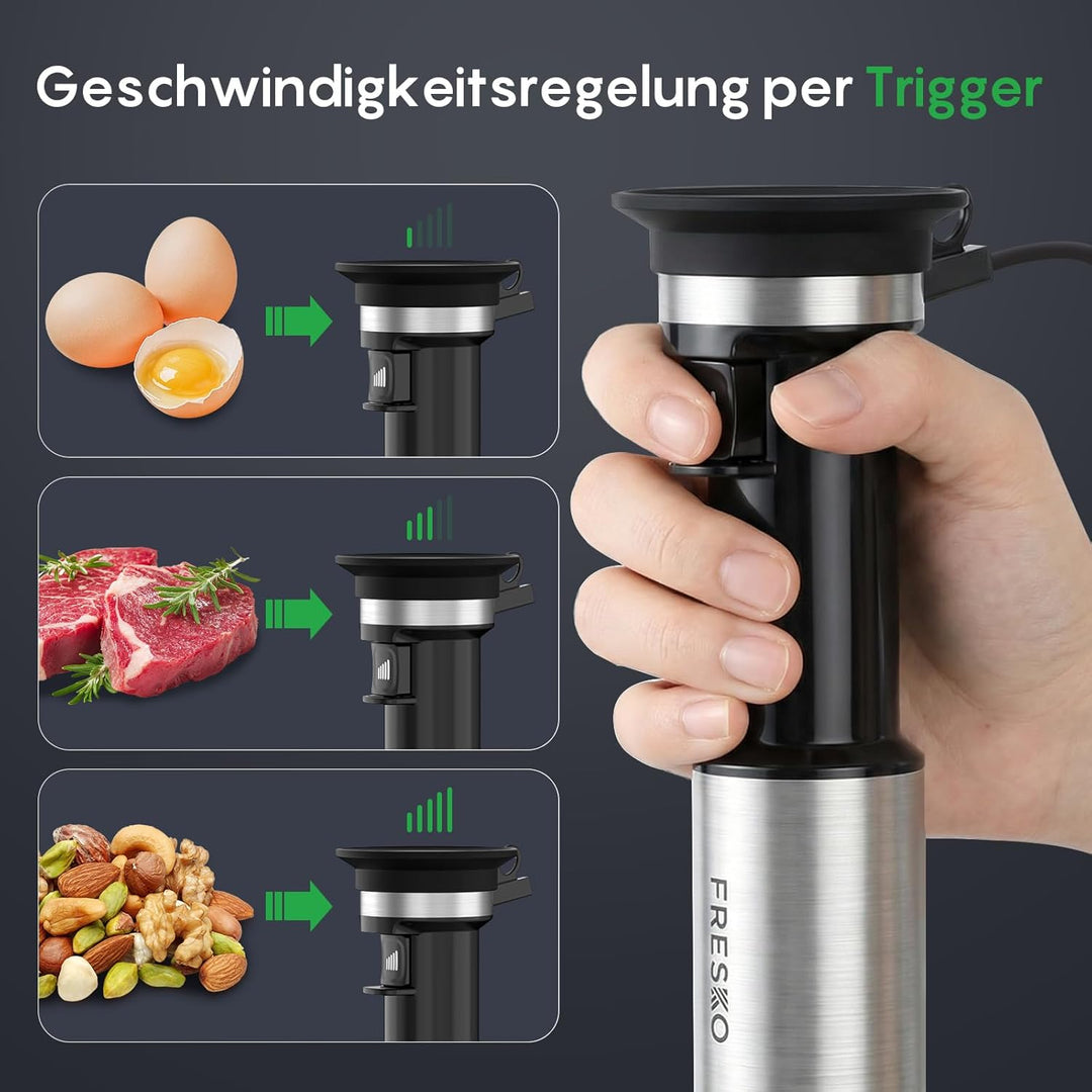 FRESKO Stabmixer 1000W, Pürierstab Edelstahl mit Schutzhülle für Kochgeschirr, Stufenlos Geschwindig