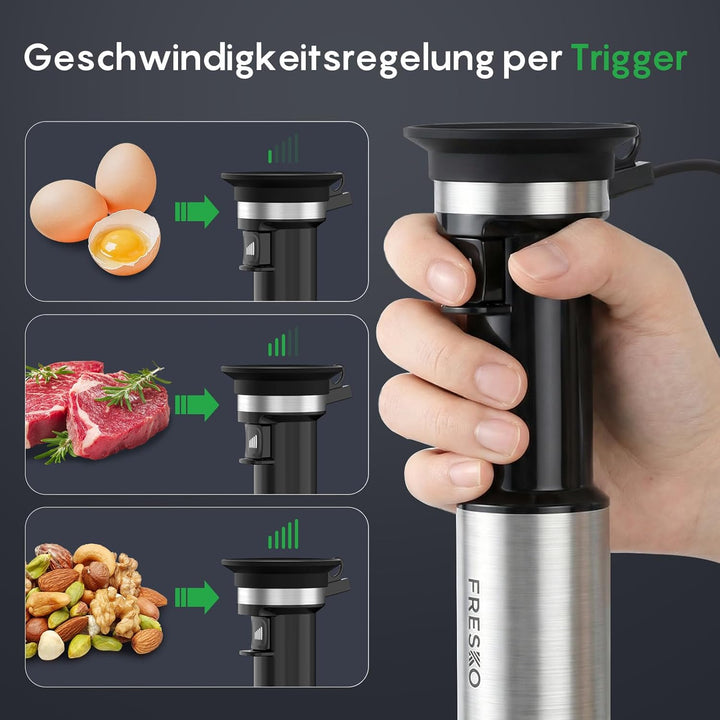 FRESKO Stabmixer 1000W, Pürierstab Edelstahl mit Schutzhülle für Kochgeschirr, Stufenlos Geschwindig