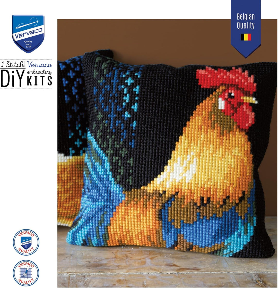 Vervaco Kreuzstichkissen Huhn Kreuzstickpackung vorgedruckt, Stramin, weiss, 40 x 40 x 0,3 cm
