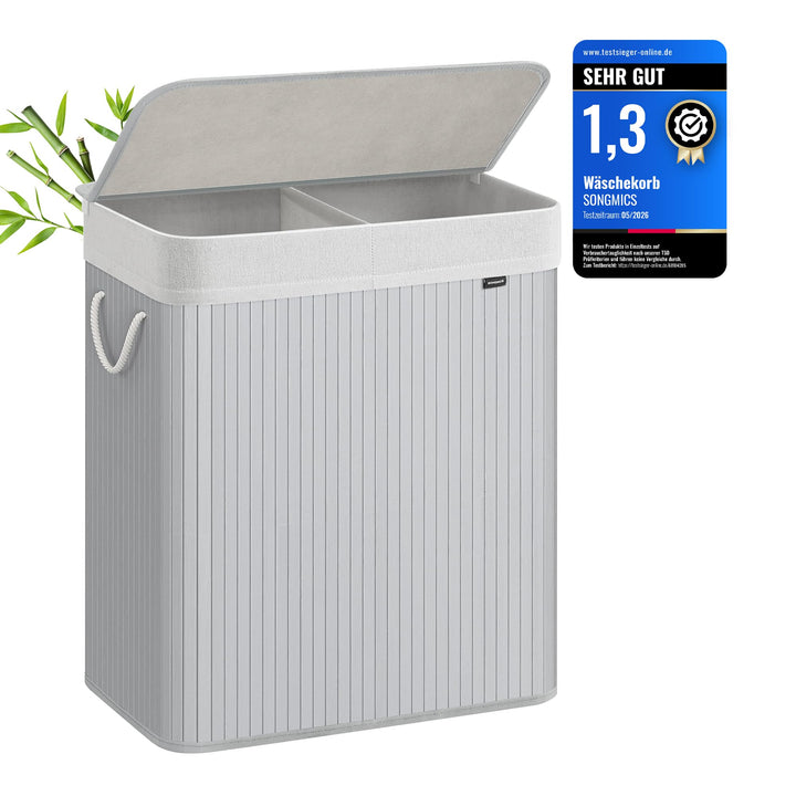 SONGMICS Wäschekorb 2 Fächer, 100 L Wäschesammler mit Deckel, Wäschebox Bambus, mit Griffen, faltbar