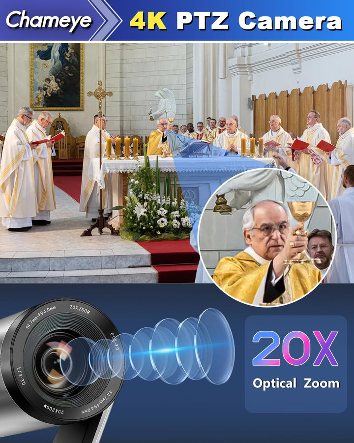 Chameye 4K PTZ Kamera 20x Optischer Zoom mit HDMI, USB3.0 Plug und Play, LAN(PoE) für Videokonferenz