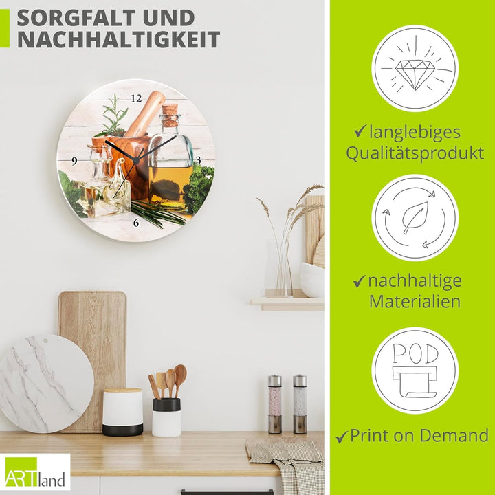 ARTLAND Wanduhr ohne Tickgeräusche Glas Quarzuhr Ø 30 cm Rund Lautlos Kräuter Gewürze Olivenöl Holzo