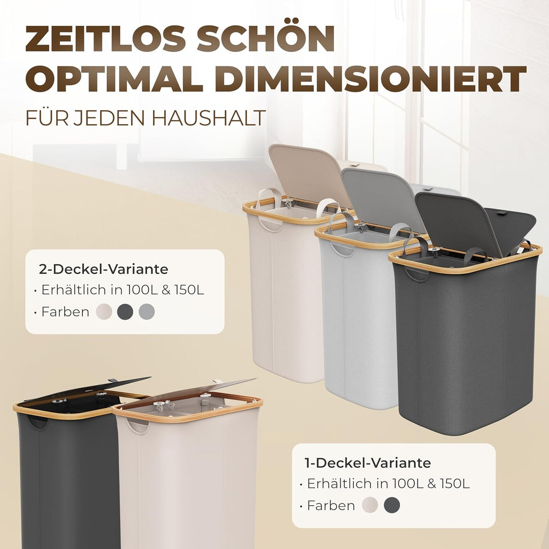 Wäschekorb mit 2 Deckel 2 Fächer 150 Liter Bambus-Stoff Grau Gross XXL - Wäschekorb Grau Dunkelgrau