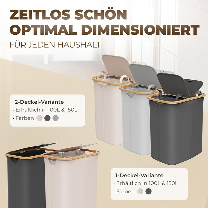 Wäschekorb mit 2 Deckel 2 Fächer 150 Liter Bambus-Stoff Grau Gross XXL - Wäschekorb Grau Dunkelgrau