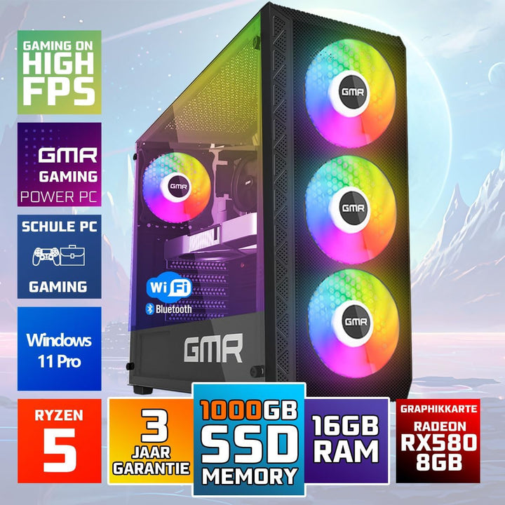 GMR Power Gaming PC - Ryzen 5 für Gamer | 3 Jahre Garantie | 16 GB RAM | 1000GB SSD | RX 580 Radeon