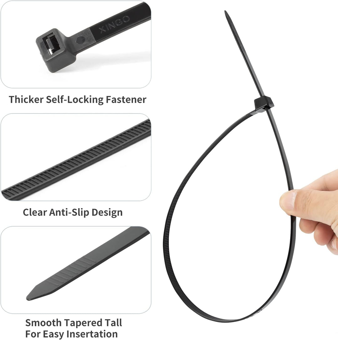 XINGO 30,5 cm schwarze Kabelbinder, strapazierfähig, 90,7 kg, ultrastarke Kunststoffdrahtbinder, gro