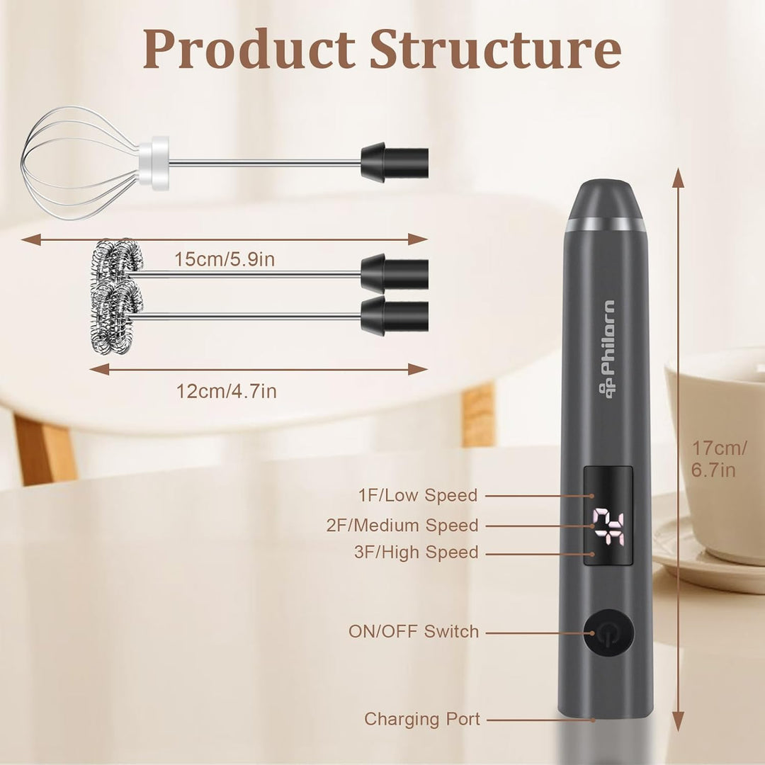 Philorn Elektrischer Milchaufschäumer Stab USB-C aufladbar mit LCD-Batterieanzeige -2 Aufsätzen, 3 S
