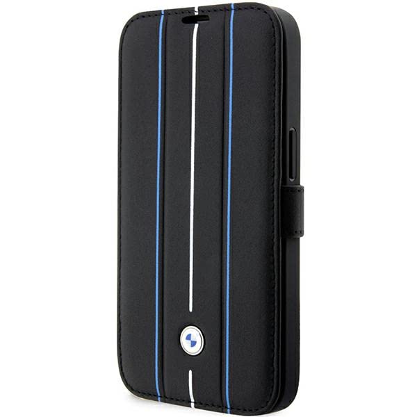 BMW BMBKP14X22RVSK Hülle für iPhone14 Pro Max 6,7" Schwarz Bookcase Leather Stamp Blue Lines