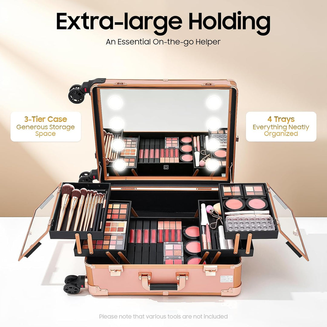 Kosmetikkoffer Trolley Schminkkoffer mit Beleuchtung & Spiegel, Make up Koffer mit verstellbare Bein
