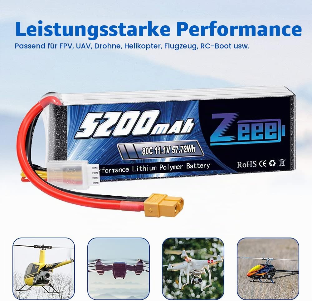 Zeee 3S LiPo Akku 5200mAh 11,1V 80C mit XT60 Steck für RC Auto, RC Flugzeug, RC Hubschrauber, RC Hob