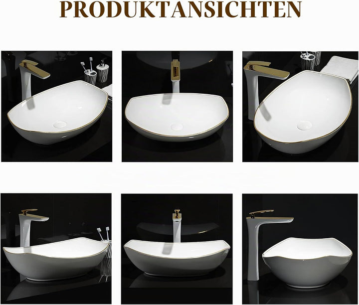 MEJE 56 x 40 CM LUXURY GOLD Rand Ovales Gefäss, Waschbecken über der Theke, Porzellan-Keramikgefäss,
