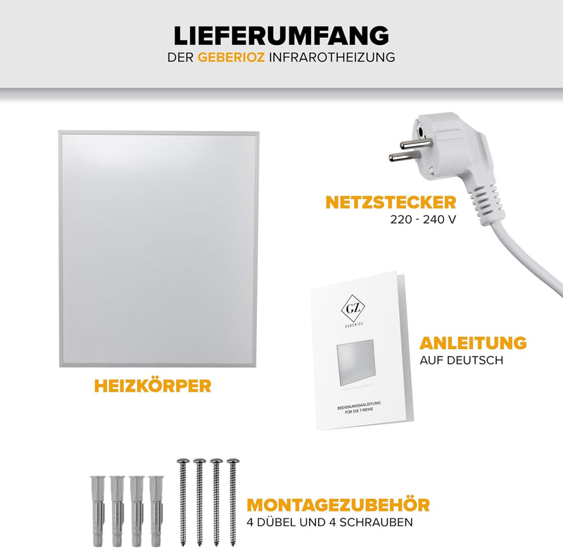 Geberioz Infrarotheizung 180 Watt Infrarot Wandheizung - 5 Jahre Garantie - Überhitzungsschutz - Hei