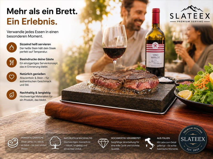 Premium Heisser Stein Steak Set – Speckstein mit massivem Akazienholzbrett, Edelstahlschale &amp; 3 Dip-