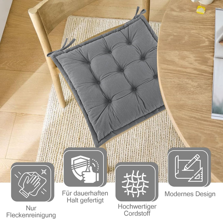 Indoor Sitzkissen Stuhl 2er Set – Komfortable Cordstoff-Sitzmatte Stuhlkissen mit Bändern, Hochwerti