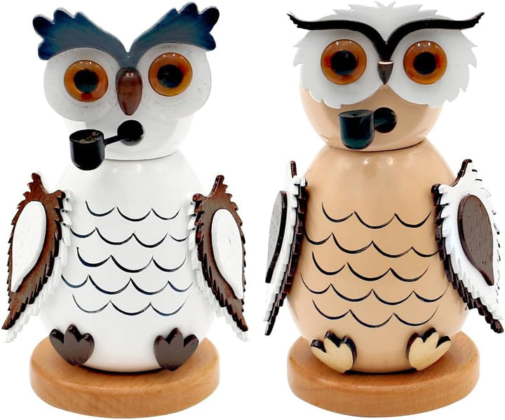 Dekohelden24 Holz-Räucherfigur Eule in weiss und beige als 2er Set, L/B/H 7,5 x 6 x 12 cm 2er Set 12