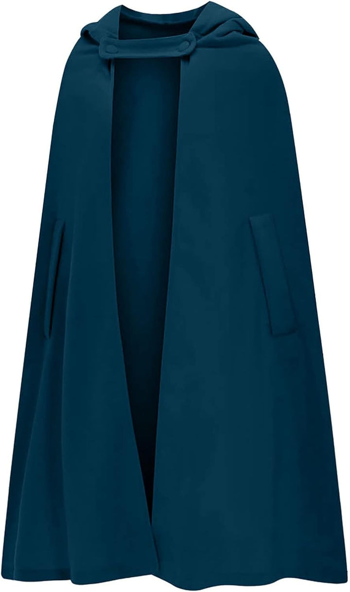 Wollen Umhang mit Kapuze Damen Vintage Einfarbig Poncho Robe Halloween Kostüm Leichte Trenchcoat Win