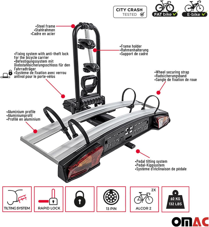 Menabo Fahrradträger Kupplungsträger Fahrrad-heckträger für 2 Fahrräder E-Bikes Universal ALCOR 2, U