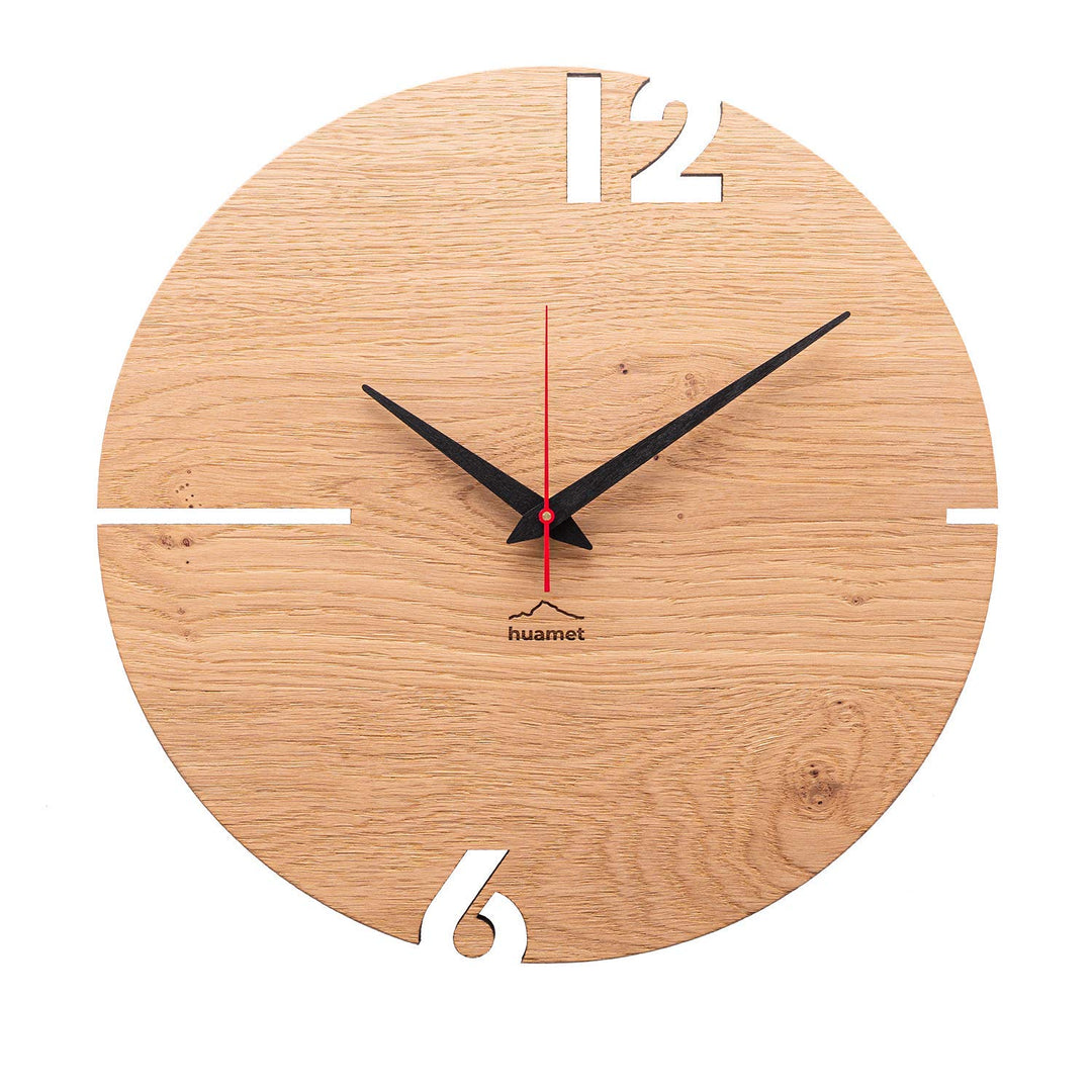 huamet Wanduhr Holz Eiche astig PUHR, rund - Design Holzwanduhr, geräuschlos ohne Tickgeräusch - Qua