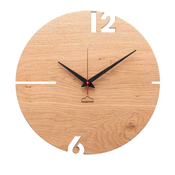 huamet Wanduhr Holz Eiche astig PUHR, rund - Design Holzwanduhr, geräuschlos ohne Tickgeräusch - Qua