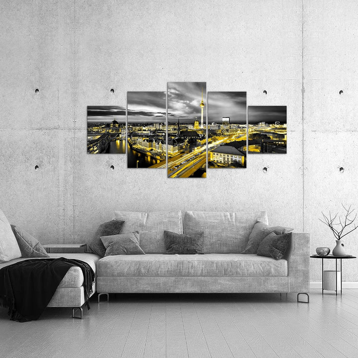 Runa Art - Bilder Berlin Skyline 200 x 100 cm 5 Teilig XXL Wanddekoration Design Schwarz Gelb 004351