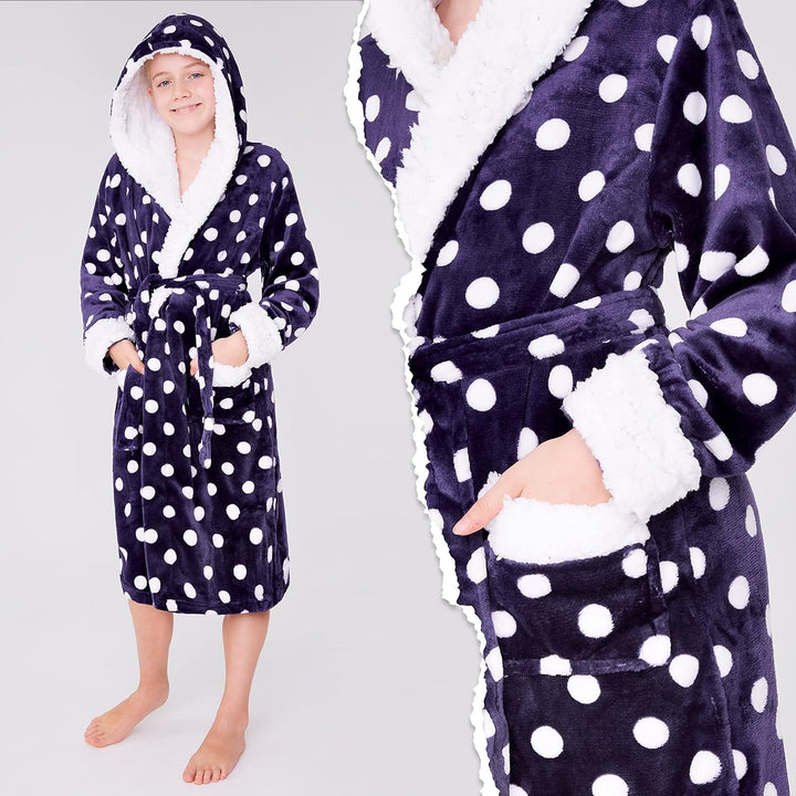 CityComfort Bademantel Kinder Mädchen, Fleece Morgenmantel Kinder Dressing Gown mit Punkten 13-14 Ja
