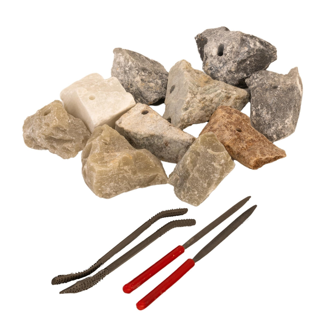 Speckstein Set mit 2 Feilen und Raspeln – Specksteine (10 Stück) und Werkzeug zum Schnitzen und Feil