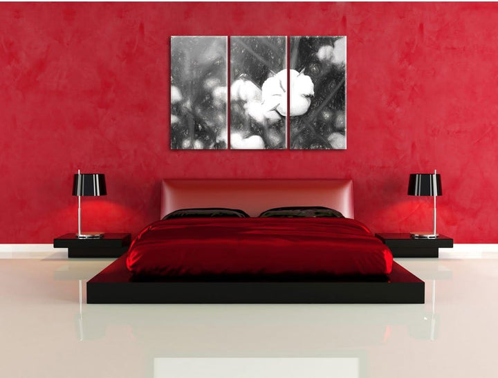 Pixxprint eine ausgereifte Knospe voller Baumwolle Kunst Kohle Effekt 3-Teiler Leinwandbild 120x80 B